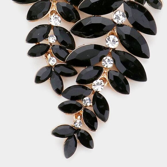 Marquise Black Colored Stone Vine Evening Gold Clip on Earrings - Picture 3 of 6